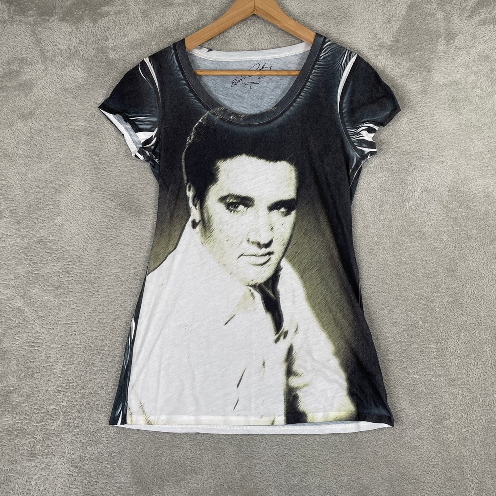 Elvis Presley Shirt Womens Large Black White All Over Print Music Tee Y2K 2000s